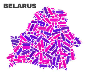 Mosaic Belarus map isolated on a white background. Vector geographic abstraction in pink and violet colors. Mosaic of Belarus map combined of scattered circle dots and lines.