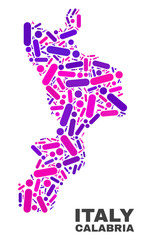 Mosaic Calabria region map isolated on a white background. Vector geographic abstraction in pink and violet colors. Mosaic of Calabria region map combined of scattered round dots and lines.