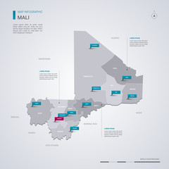 Mali vector map with infographic elements, pointer marks.