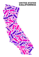 Fototapeta premium Mosaic California State map isolated on a white background. Vector geographic abstraction in pink and violet colors. Mosaic of California State map combined of random round points and lines.