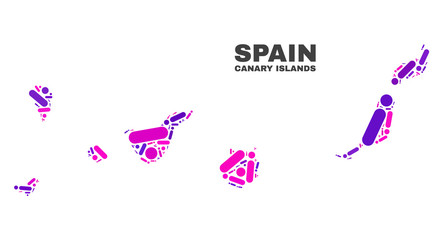 Obraz na płótnie Canvas Mosaic Canary Islands map isolated on a white background. Vector geographic abstraction in pink and violet colors. Mosaic of Canary Islands map combined of random circle points and lines.