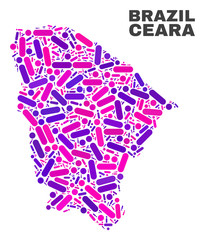 Mosaic Ceara state map isolated on a white background. Vector geographic abstraction in pink and violet colors. Mosaic of Ceara state map combined of random circle points and lines.