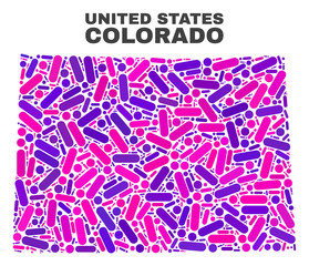 Mosaic Colorado State map isolated on a white background. Vector geographic abstraction in pink and violet colors. Mosaic of Colorado State map combined of random circle points and lines.