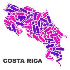 Mosaic Costa Rica map isolated on a white background. Vector geographic abstraction in pink and violet colors. Mosaic of Costa Rica map combined of scattered round points and lines.