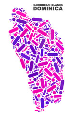 Mosaic Dominica Island map isolated on a white background. Vector geographic abstraction in pink and violet colors. Mosaic of Dominica Island map combined of scattered circle points and lines.