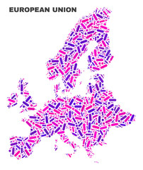 Mosaic European Union map isolated on a white background. Vector geographic abstraction in pink and violet colors. Mosaic of European Union map combined of scattered circle dots and lines.