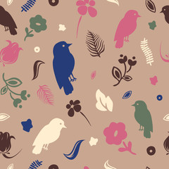 Cute vector seamless pattern. Colorful botanical elements - flowers, birds, leaves - isolated on brown background. Unique abstract texture for invitations, cards, websites, wrapping paper, textile