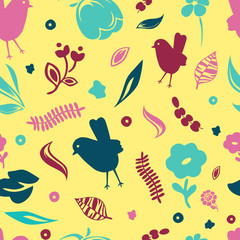 Cute vector seamless pattern. Colorful botanical elements - flowers, birds, leaves - isolated on yellow background. Unique abstract texture for invitations, cards, websites, wrapping paper, textile