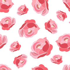 Seamless abstract pattern of carmine-pink peonies, on white background.