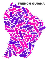 Mosaic French Guiana map isolated on a white background. Vector geographic abstraction in pink and violet colors. Mosaic of French Guiana map combined of random circle dots and lines.