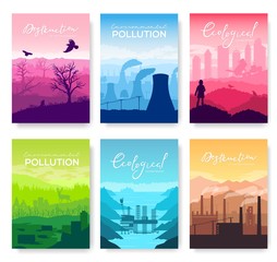 Naklejka premium Environmental disaster in nature landscape vector brochure cards. Set of template of flyer, magazines, poster, books, banners. lifestyle invitation concept. Layout modern page