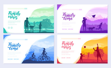 family vacation with children in nature brochure cards set. Friendly resorts  template of flyear, web banner, ui header, enter site. Invitation concept background. Layout modern slider page