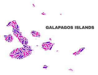 Mosaic Galapagos Islands map isolated on a white background. Vector geographic abstraction in pink and violet colors. Mosaic of Galapagos Islands map combined of random round points and lines.