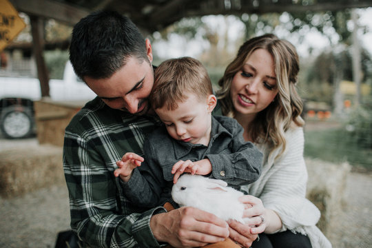 Boy touching rabbit while sitting with parents on farm