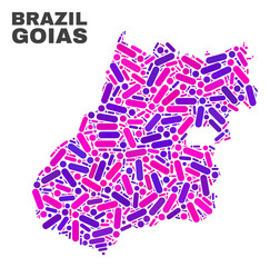 Mosaic Goias State map isolated on a white background. Vector geographic abstraction in pink and violet colors. Mosaic of Goias State map combined of random round dots and lines.