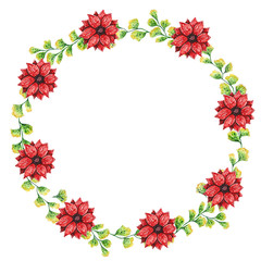 Round shaped wreath made of exotic gingko biloba leaves and red flowers. Hand drawn watercolor illustration.