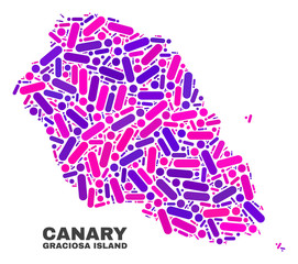 Mosaic Graciosa Island map isolated on a white background. Vector geographic abstraction in pink and violet colors. Mosaic of Graciosa Island map combined of scattered circle dots and lines.
