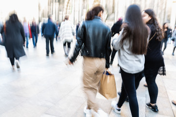 picture of people walking on a street in the city, with camera made motion blur effect