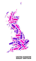 Mosaic Great Britain map isolated on a white background. Vector geographic abstraction in pink and violet colors. Mosaic of Great Britain map combined of scattered round dots and lines.