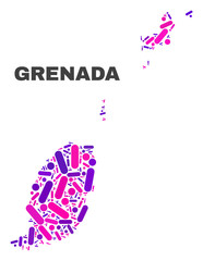 Mosaic Grenada map isolated on a white background. Vector geographic abstraction in pink and violet colors. Mosaic of Grenada map combined of scattered circle dots and lines.