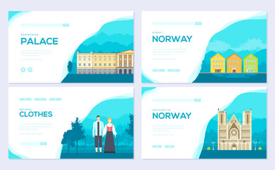 Norway country ornament travel tour concept. Traditional monumentbrochure card set. Template of flyear, web banner, ui header, enter site. Layout invintation modern slider