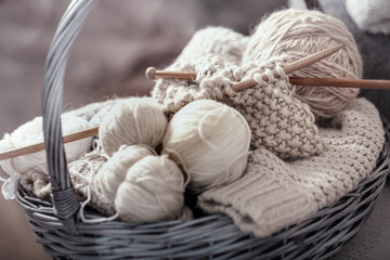 Fototapeta na wymiar The macro concept of knitting wool and needles