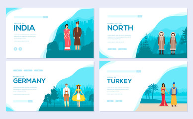 couples from different countries of the world. Traditional clothing of different nationalities brochure card set. Invitation template of flyear, web banner, ui header, enter site. Layout modern
