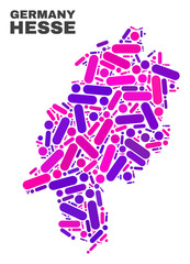 Mosaic Hesse Land map isolated on a white background. Vector geographic abstraction in pink and violet colors. Mosaic of Hesse Land map combined of random round points and lines.