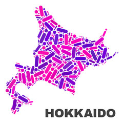 Fototapeta na wymiar Mosaic Hokkaido map isolated on a white background. Vector geographic abstraction in pink and violet colors. Mosaic of Hokkaido map combined of random circle dots and lines.