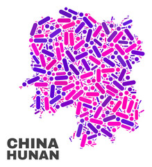 Mosaic Hunan Province map isolated on a white background. Vector geographic abstraction in pink and violet colors. Mosaic of Hunan Province map combined of scattered circle points and lines.