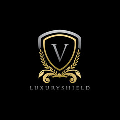 Golden Shield V Letter Logo