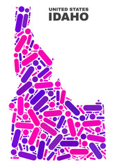 Mosaic Idaho State map isolated on a white background. Vector geographic abstraction in pink and violet colors. Mosaic of Idaho State map combined of random round points and lines.