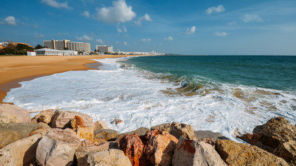 Long sandy beach in Vilamoura, Loule, Algarve, Portugal