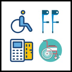 4 mobility icon. Vector illustration mobility set. wheelchair and crutch icons for mobility works