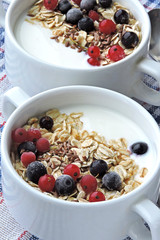 Healthy breakfast with yogurt or kefir, oatmeal, berries and seeds. Fermented dairy products. Breakfast with probiotics.
