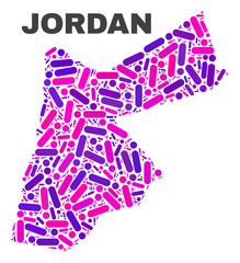 Mosaic Jordan map isolated on a white background. Vector geographic abstraction in pink and violet colors. Mosaic of Jordan map combined of scattered circle dots and lines.