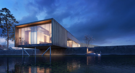 Fototapeta premium House on the river - Modern exterior design 3D Rendering