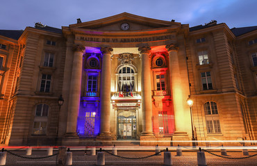 Night view of the Mairie du Ve arrondissement city hall near the Pantheon on the Montagne Ste Genevieve in the Latin Quarter of Paris .
