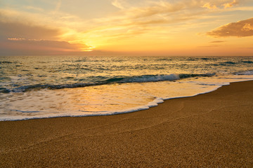 Colorful sunset at the tropical sandy beach, waves with foam hitting sand. Copy space.
