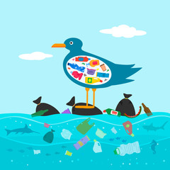 Fototapeta na wymiar Bird Seagull with a full belly of garbage. The concept of warming the world and pollution of the seas and oceans. illustration