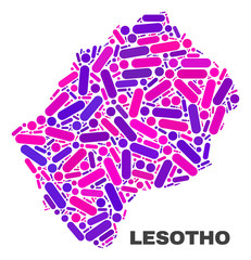 Mosaic Lesotho map isolated on a white background. Vector geographic abstraction in pink and violet colors. Mosaic of Lesotho map combined of random round dots and lines.