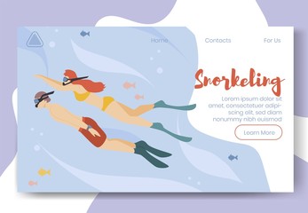 Modern flat cartoon characters doing sport activity, landing page banner web online concept of healthy lifestyle, ready to use design.Flat cartoon people diving,snorkeling,sporting underwater