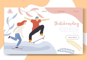 Modern cartoon flat characters doing sport activity,landing page banner web online concept of healthy lifestyle,ready to use design.Flat cartoon people smiling boy girl skateboarding,exercising