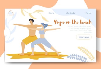 Modern cartoon flat characters doing sport activity,landing page banner web online concept of healthy lifestyle,ready to use design.Flat cartoon people smiling doing yoga on beach, exercising