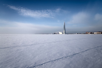 Frozen Gulf of Finland on the outskirts of St. Petersburg.