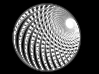 Illustration - Abstract mosaic of geometry - black background, white circular curved lines. Spiral shapes, symmetrical geometry and lines. Circle design, repeating patterns. Monochrome black and white