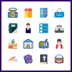 16 book icon. Vector illustration book set. student boy and notebook icons for book works