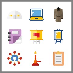 9 work icon. Vector illustration work set. plan and bunser burner icons for work works
