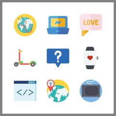 9 tech icon. Vector illustration tech set. smartwatch and worldwide icons for tech works