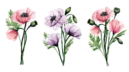 Flowers poppies, watercolor painting for greeting card, wedding invitation, summer wed design, holiday decoration. Isolated on white background.  